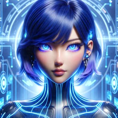The primary subject of the image is a blue-haired female character with purple eyes, wearing a futuristic outfit. She is the main focus of the image. The setting is a futuristic environment, possibly a digital art or illustration. The visual style is a combination of photo and digital art, creating a unique and captivating appearance. The colors and mood of the image are predominantly blue and purple, giving it a futuristic and otherworldly atmosphere.